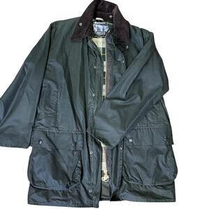 Barbour Border Waxed Jacket Men's 42 Long Coat Plaid Lined Parka All Weather